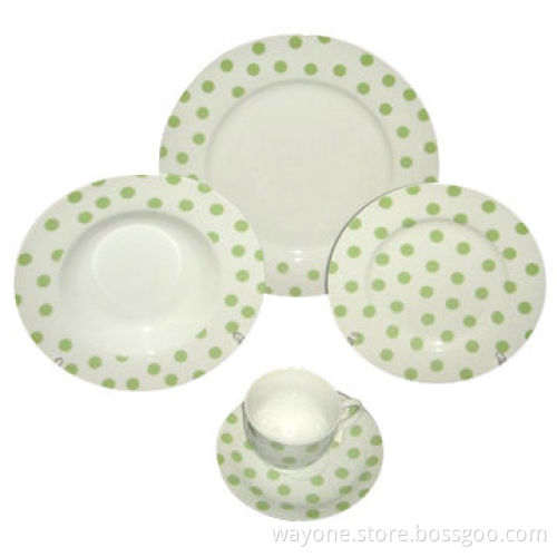 20-piece Dinnerware Set in Round Shape and Dot Design, White Background Green Dot, Super White